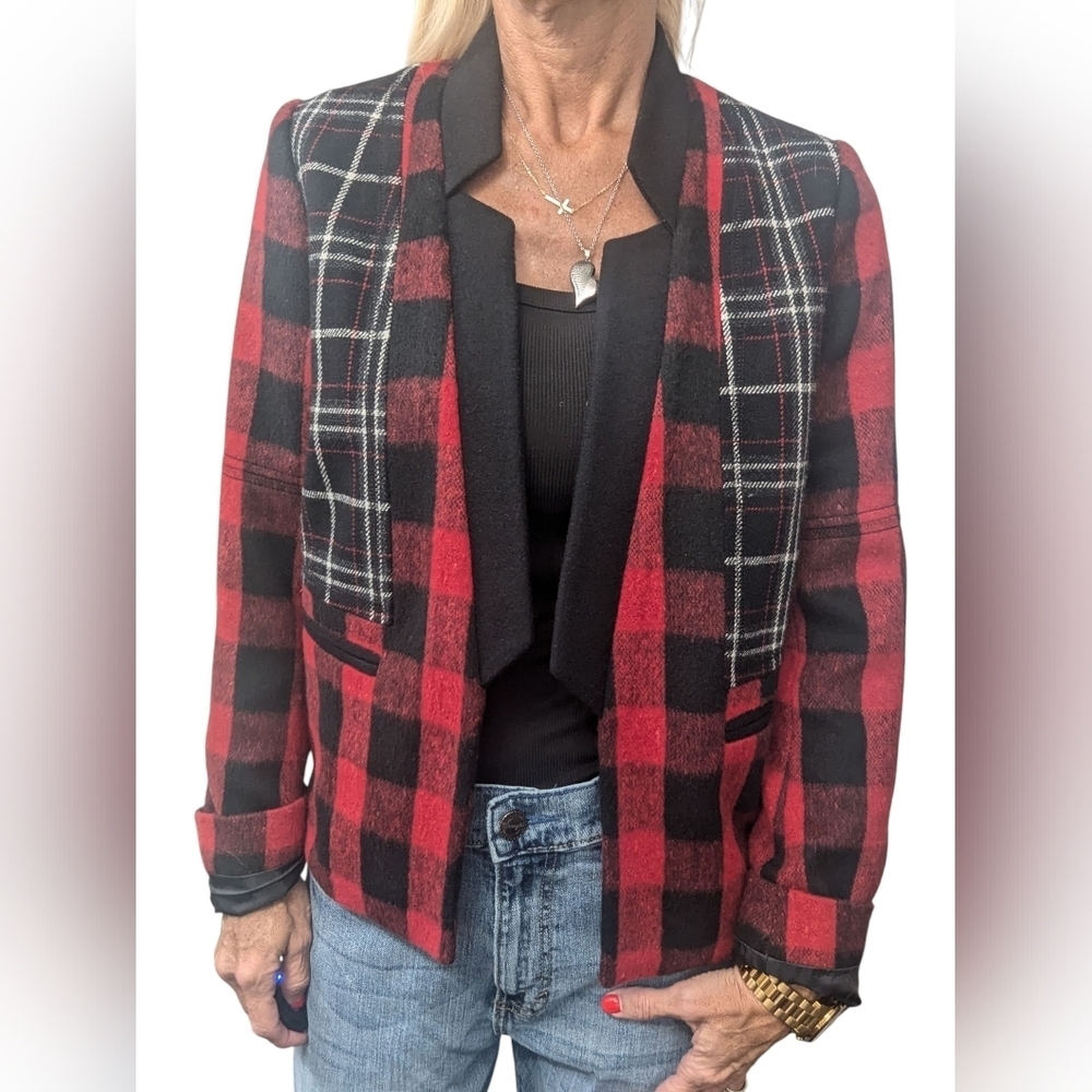 April May Merino Wool Mixed Plaid Buffalo Check Open Front Jacket M